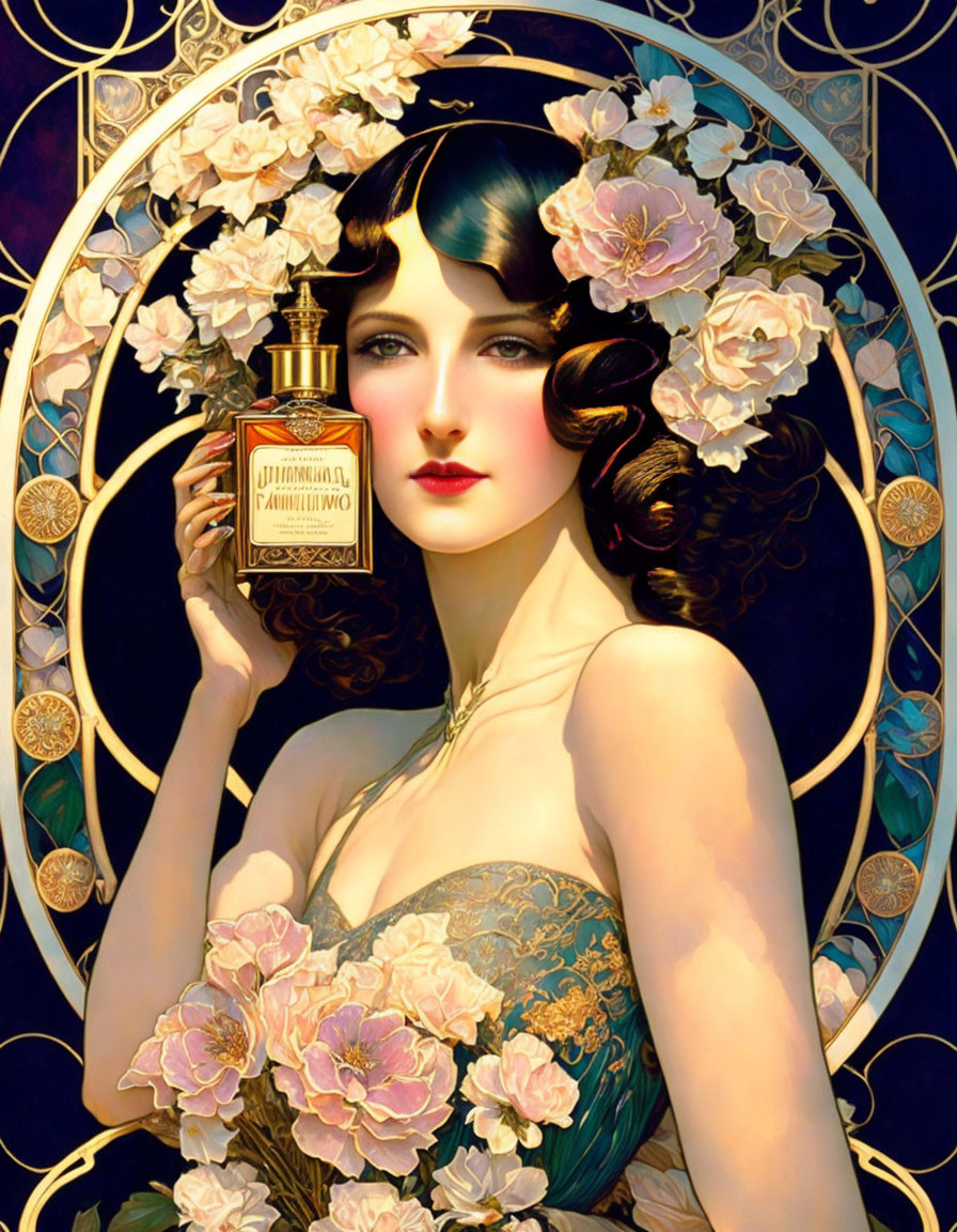 Art Nouveau Style Illustration of Woman with Dark Hair Holding Perfume Bottle