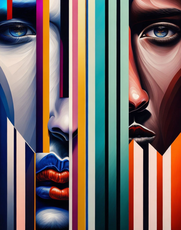 Vibrant abstract portrait with fragmented faces and striking blue eyes