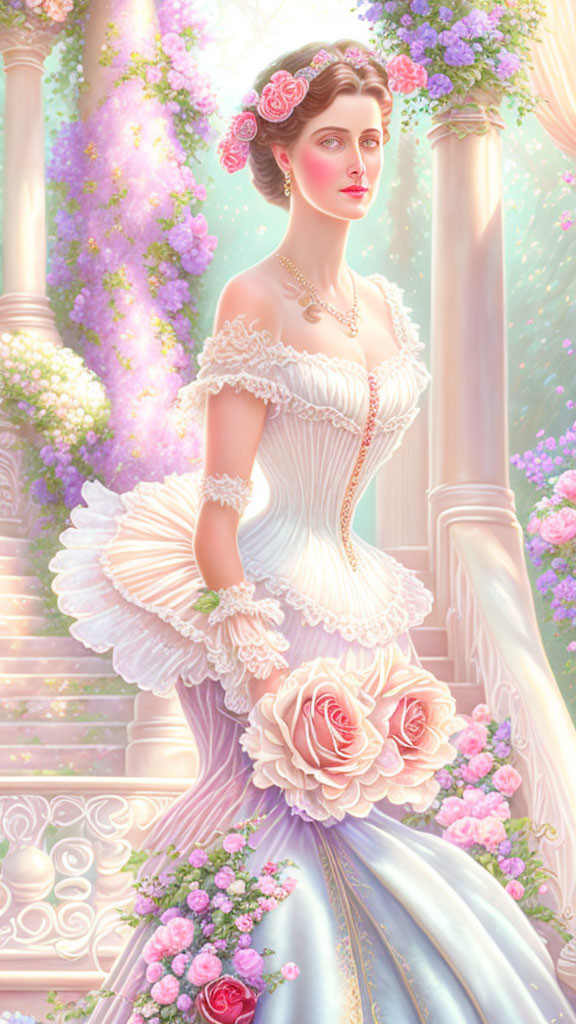 Illustration: Woman in pastel ball gown surrounded by roses in romantic garden.