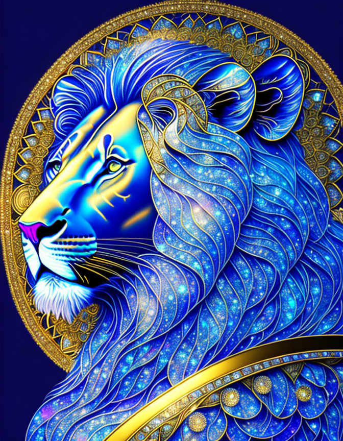 Majestic blue lion illustration with flowing mane on dark blue background.