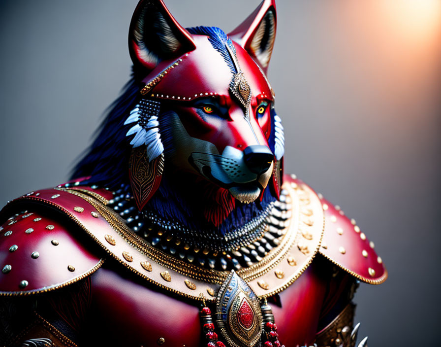 Digital artwork: Wolf with human-like features in red and gold armor.