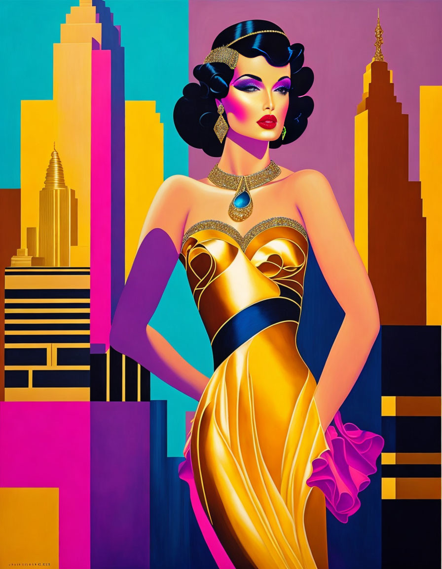 Glamorous woman in gold dress with vibrant cityscape background