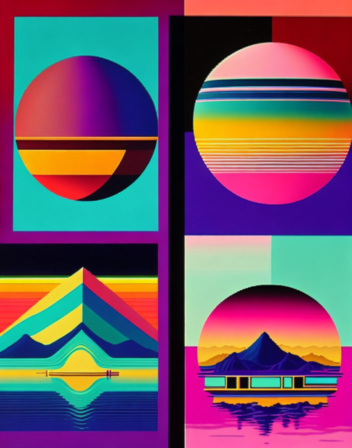Abstract geometric shapes and landscapes in four vibrant quadrants with circles, stripes, and stylized mountains.