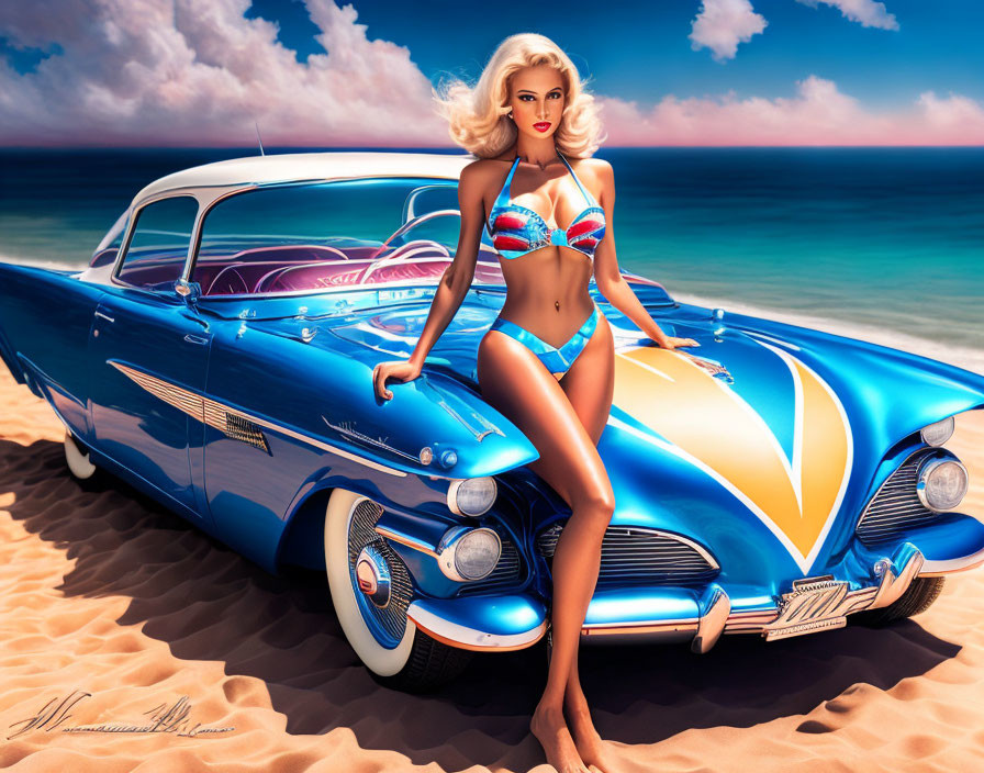 Blonde woman in blue bikini by classic car on beach