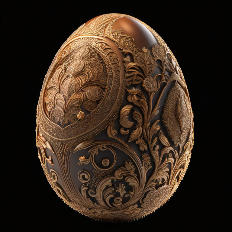 Intricately carved gold-patterned egg on reflective surface