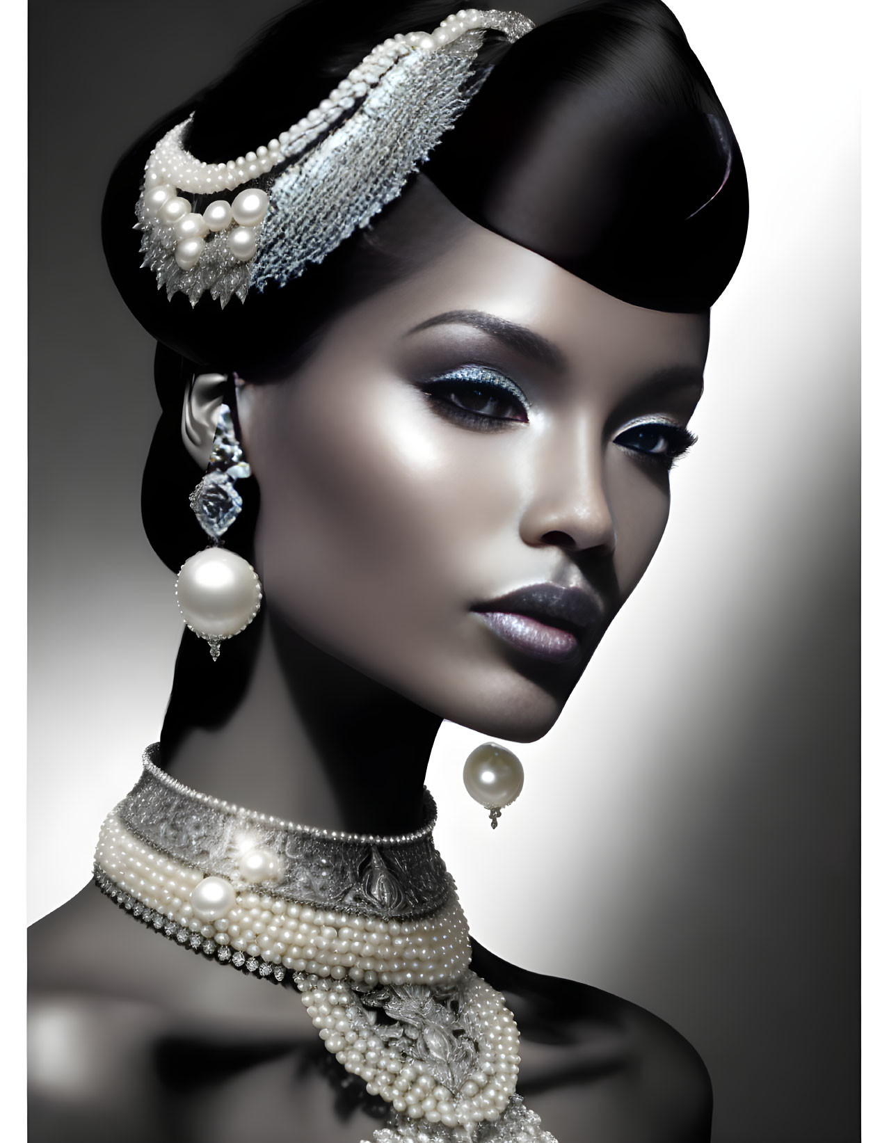 Elegant woman portrait with pearl jewelry on grey background