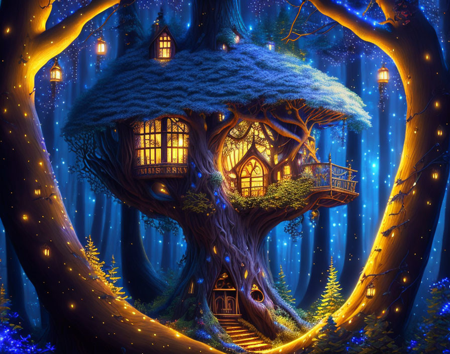 Enchanting Glowing Treehouse in Magical Forest
