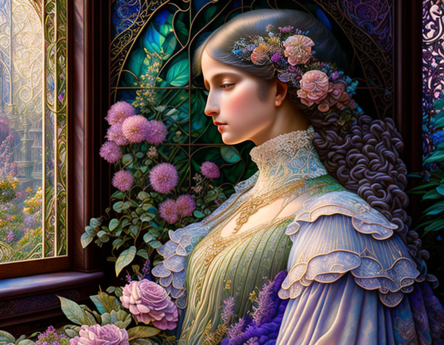 Detailed illustration of woman with floral headpiece against stained glass window & vibrant flowers
