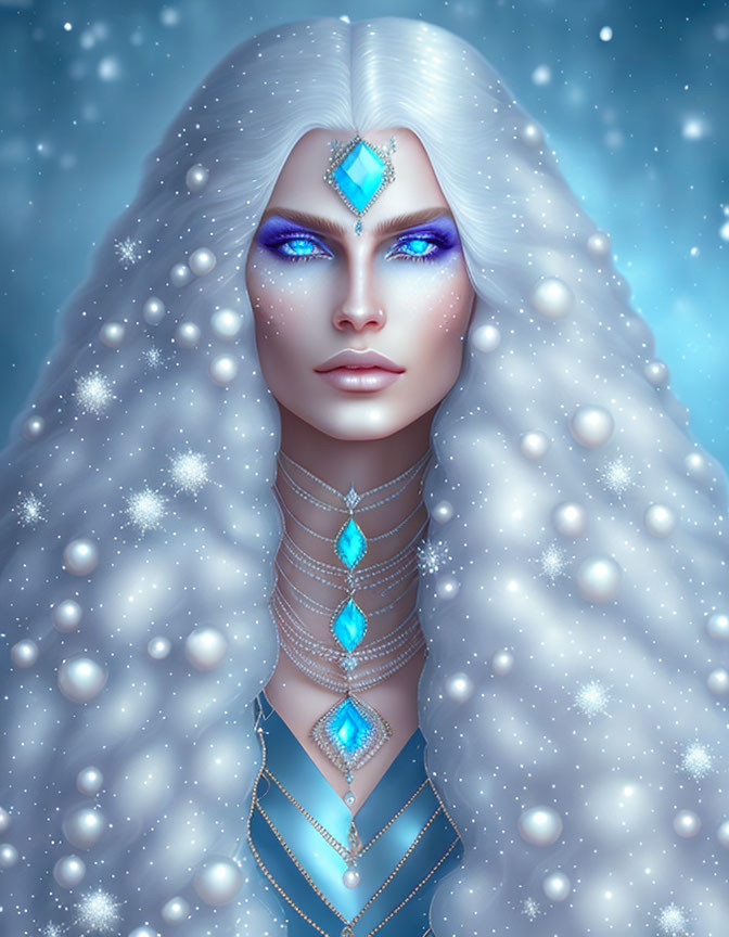 Fantastical woman with pale skin and blue eyes in snowy scene