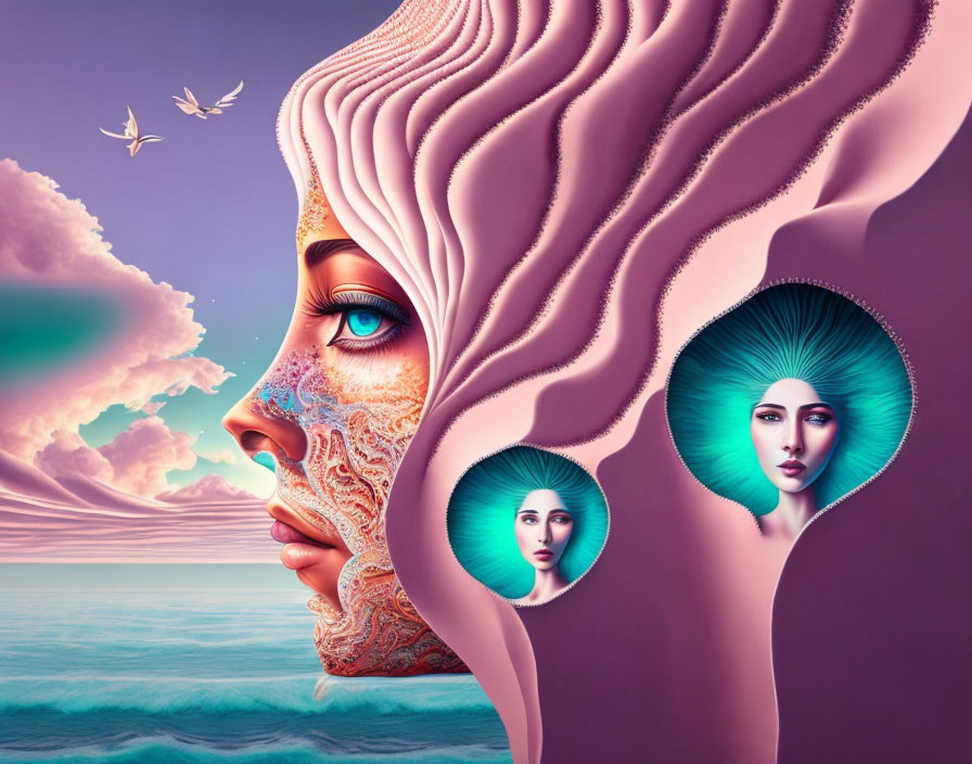 Surreal woman's profile with multiple faces in hair against purple skies and ocean