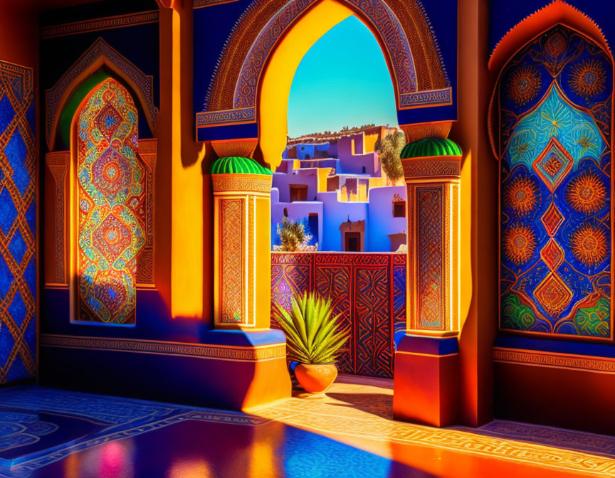 Colorful Moroccan Interior with Ornate Archways and Traditional Decor