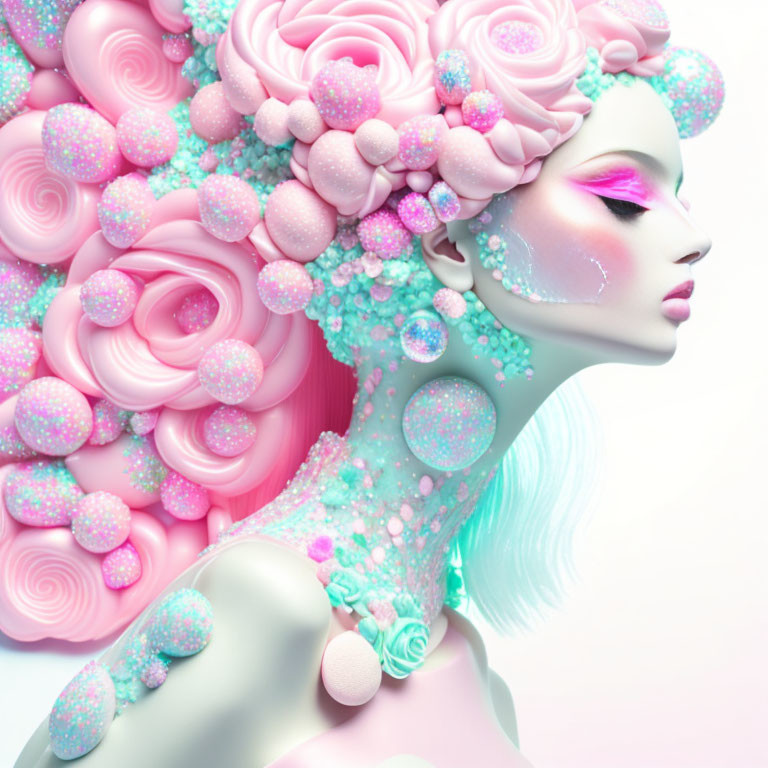 Surreal illustration of woman with pastel tones and floral textures