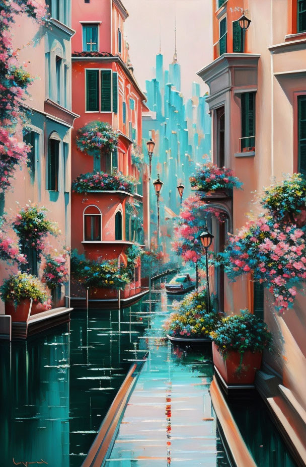 Colorful Venetian-style canal painting with vibrant buildings and blooming flowers