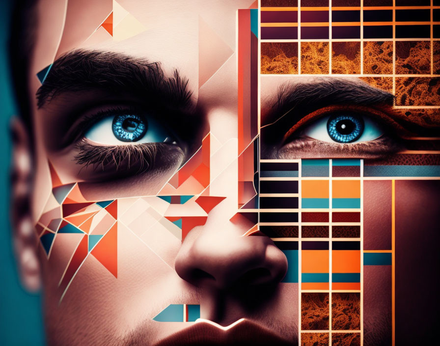Split Face Digital Art Portrait with Geometric Patterns and Vibrant Colors