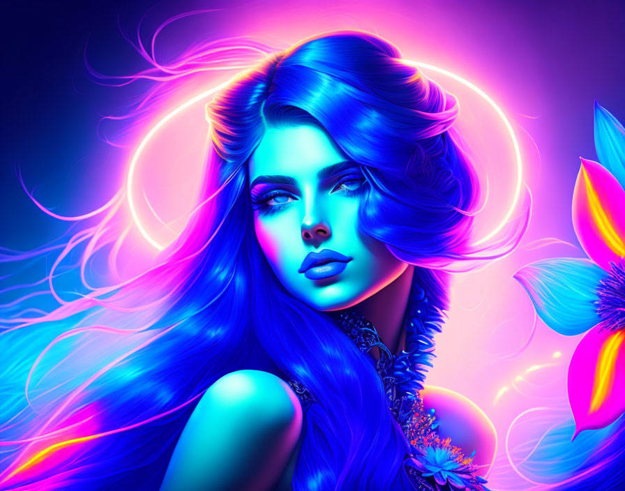 Colorful digital artwork: Woman with blue hair and neon colors on dark background