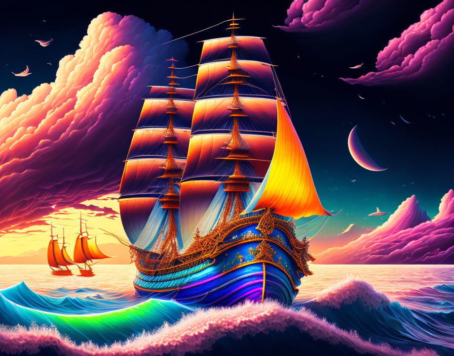 Illustration of vibrant tall ships sailing on luminous waves under colorful sky with clouds, birds, and