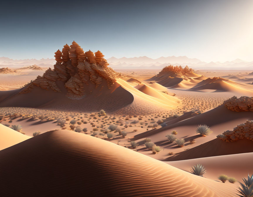 Desert Landscape with Sand Dunes and Rock Formations