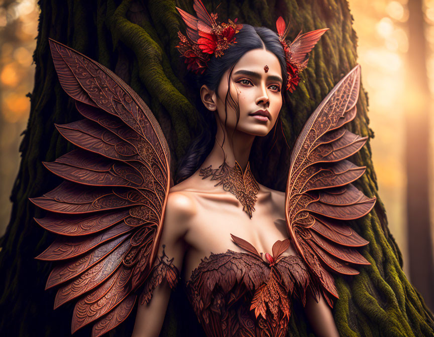 Fantasy image of woman with leaf-like wings in forest setting