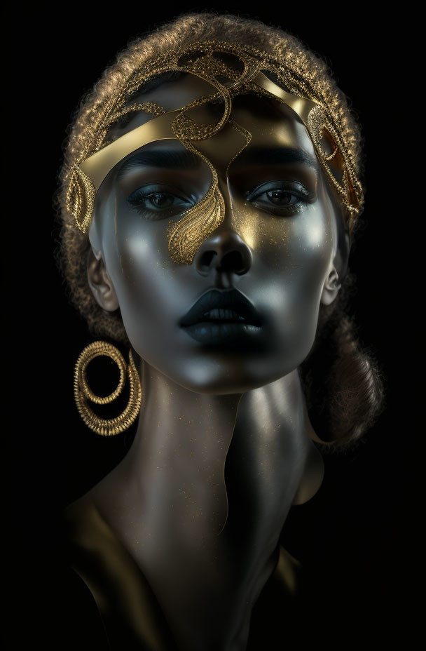 Portrait of woman with golden makeup and headpiece, circular earrings, against dark background