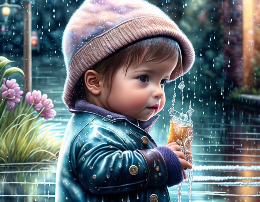 Toddler in warm hat and coat captivated by sparkling water and snowflakes.
