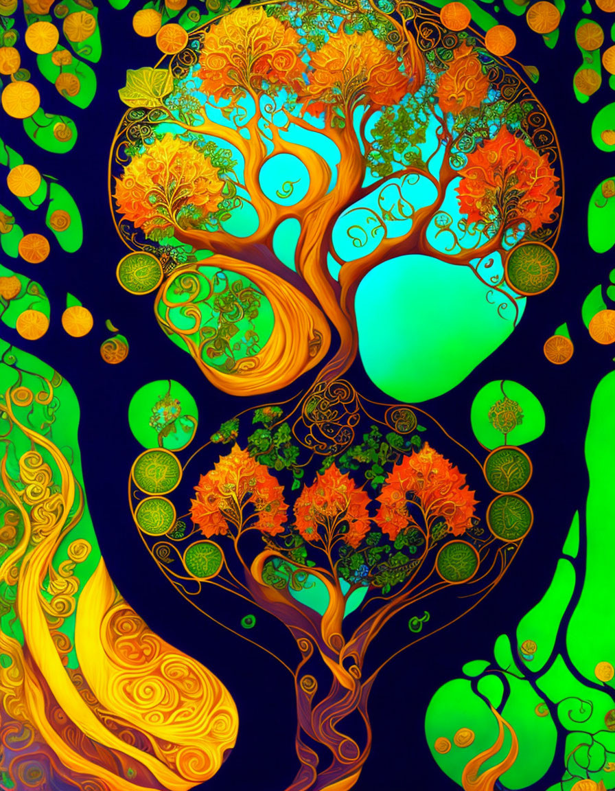 Colorful Stylized Tree Artwork with Swirling Branches on Dark Background