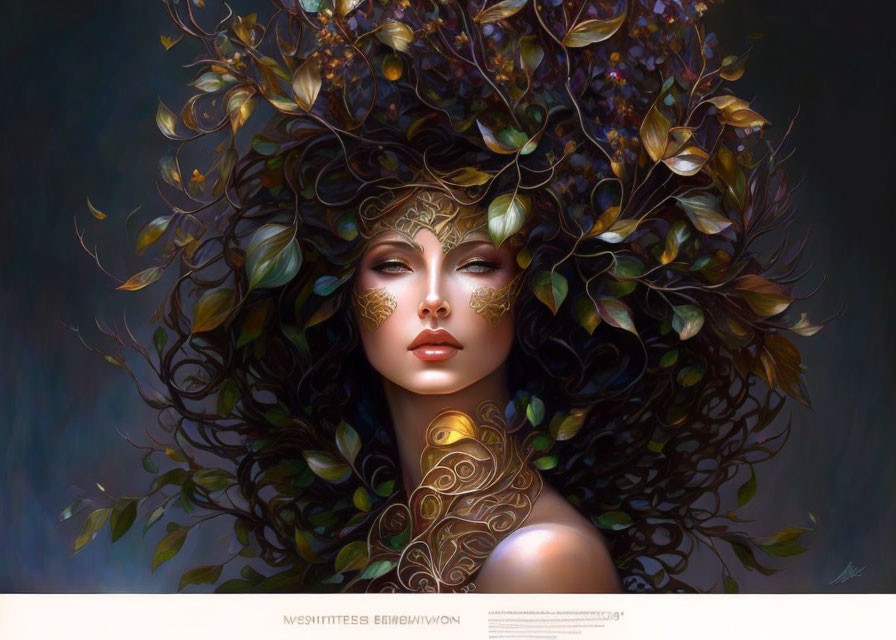 Detailed Illustration of Woman with Leafy Headdress and Intricate Face Patterns