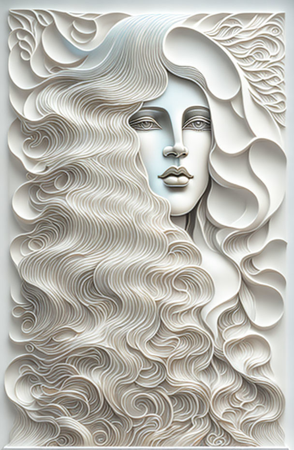 Monochromatic bas-relief sculpture of woman with wavy hair