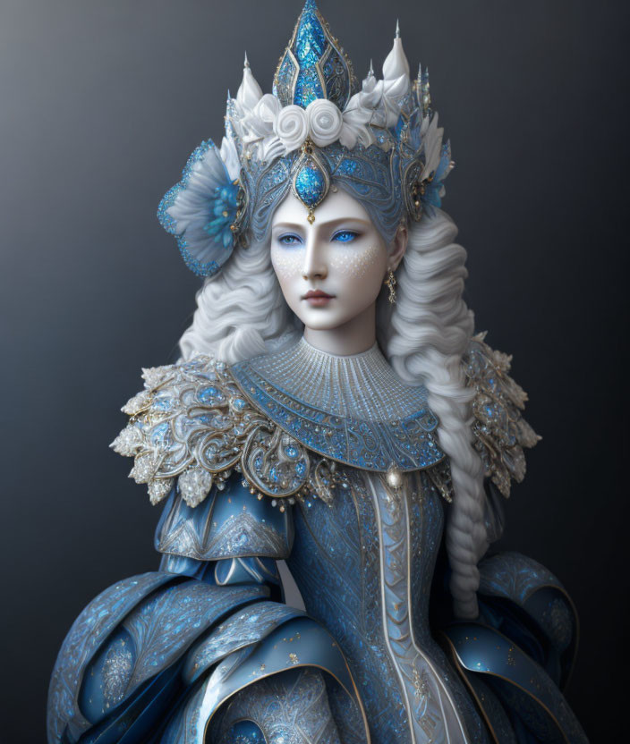 Regal Figure in Blue and White Attire with Majestic Headdress