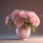 Pastel pink vase with stylized flowers in various shades on brown background