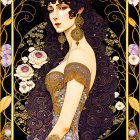 Art Nouveau Woman Illustration with Dark Hair and Gold Adornments