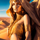 Regal Woman in Desert Wearing Golden Jewelry