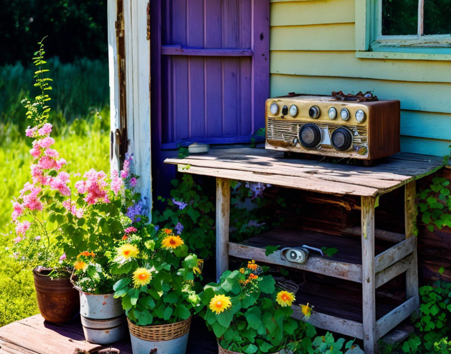 Vintage Radio on Rustic Wooden Table with Colorful Flowers Near Yellow House