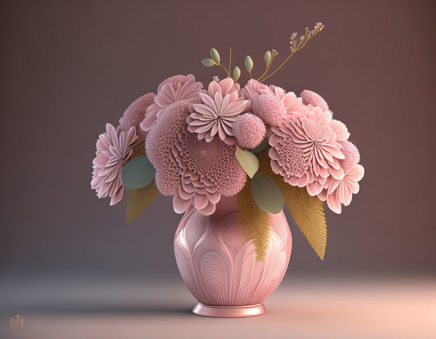 Pastel pink vase with stylized flowers in various shades on brown background