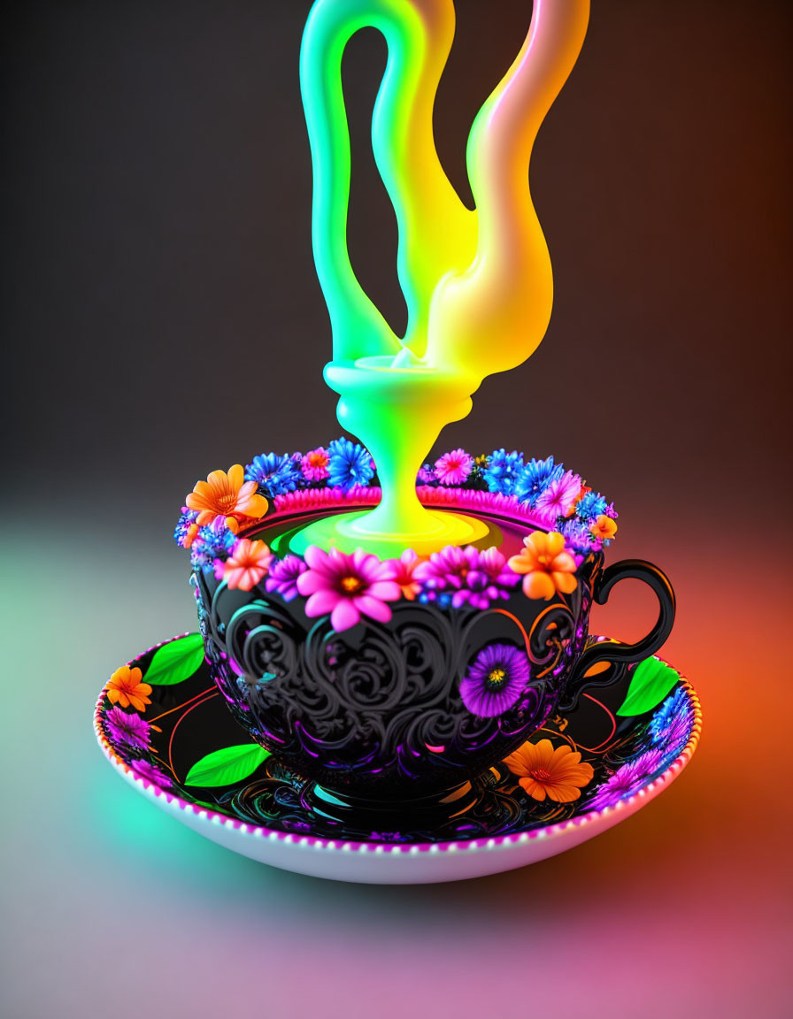 Colorful Floral Teacup with Neon Steam on Multicolored Background