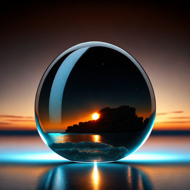 Soothing beach sunset reflected in crystal ball