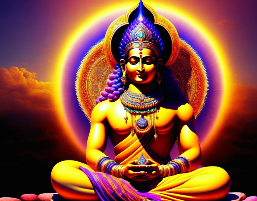 Colorful deity illustration in meditative pose with vibrant aura and traditional attire