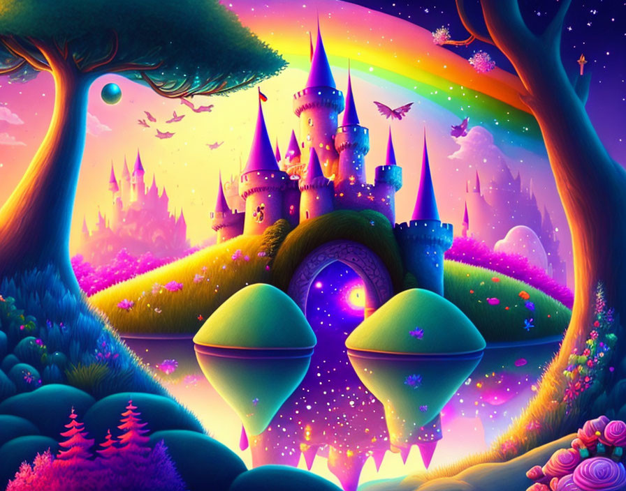 Colorful castle, rainbow, glowing flora in fantasy landscape