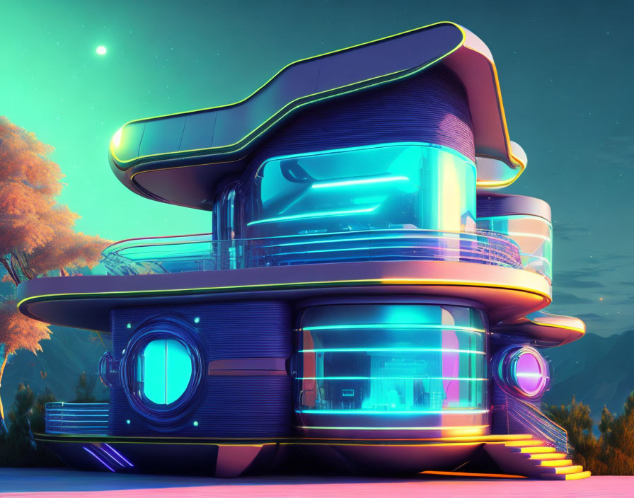 Futuristic building with neon lights in twilight scenery