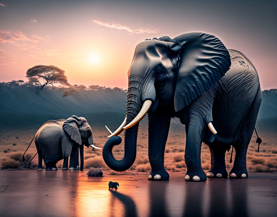 Two elephants standing in savannah under orange sunset sky