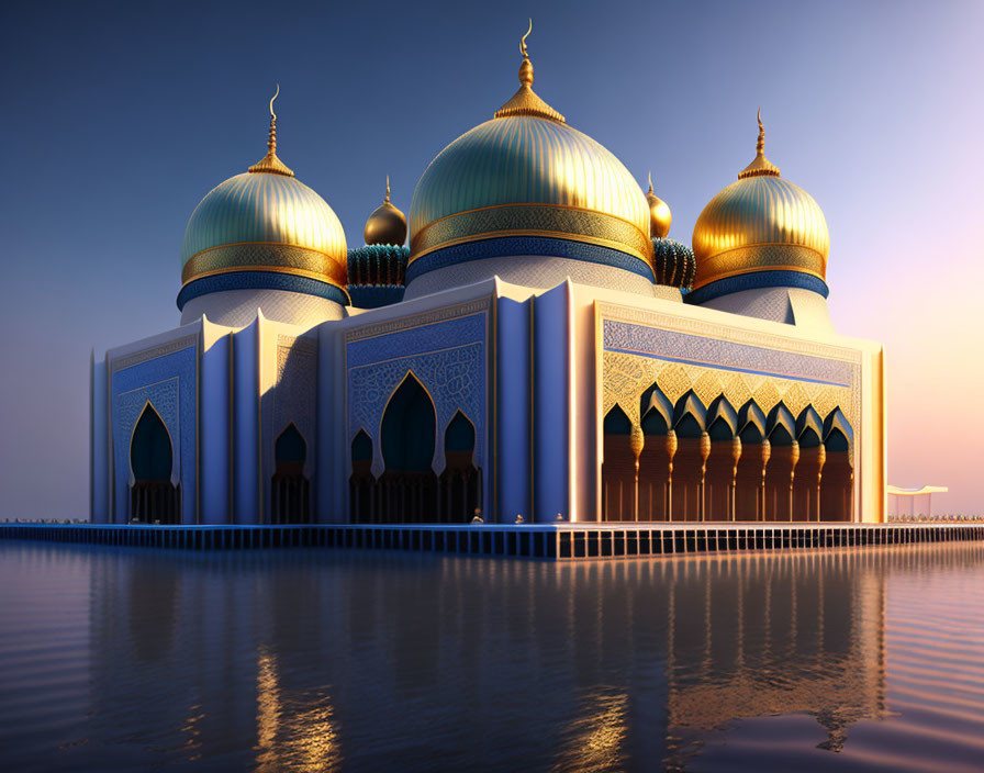 Majestic mosque with golden-blue domes reflected in tranquil water at dusk