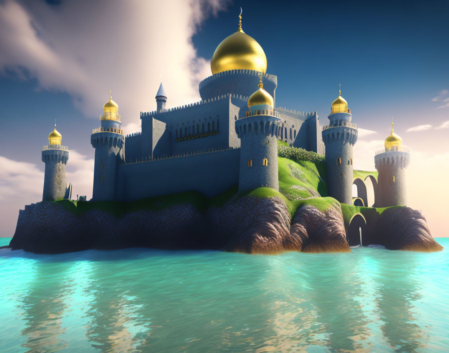Majestic fantasy castle with golden domes on rocky isles