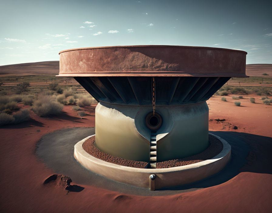 Rusty dome-shaped structure with circular staircase in desert landscape