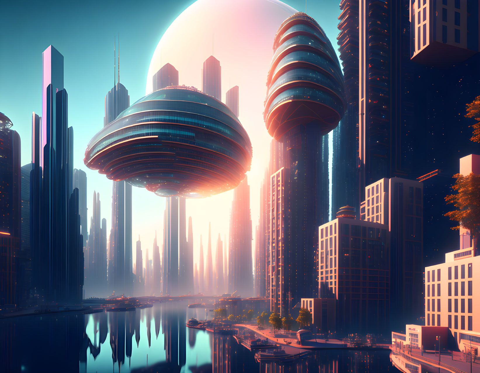 Futuristic cityscape with skyscrapers, spherical buildings, and reflective water at dusk