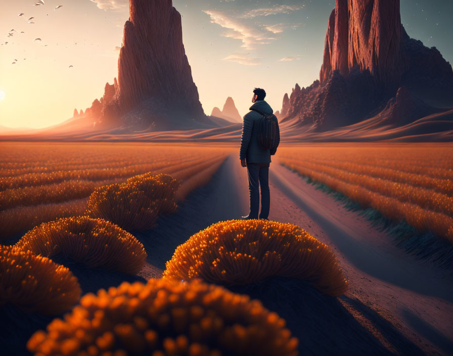 Person standing among orange plants in surreal desert landscape with rock formations and birds in dusk sky