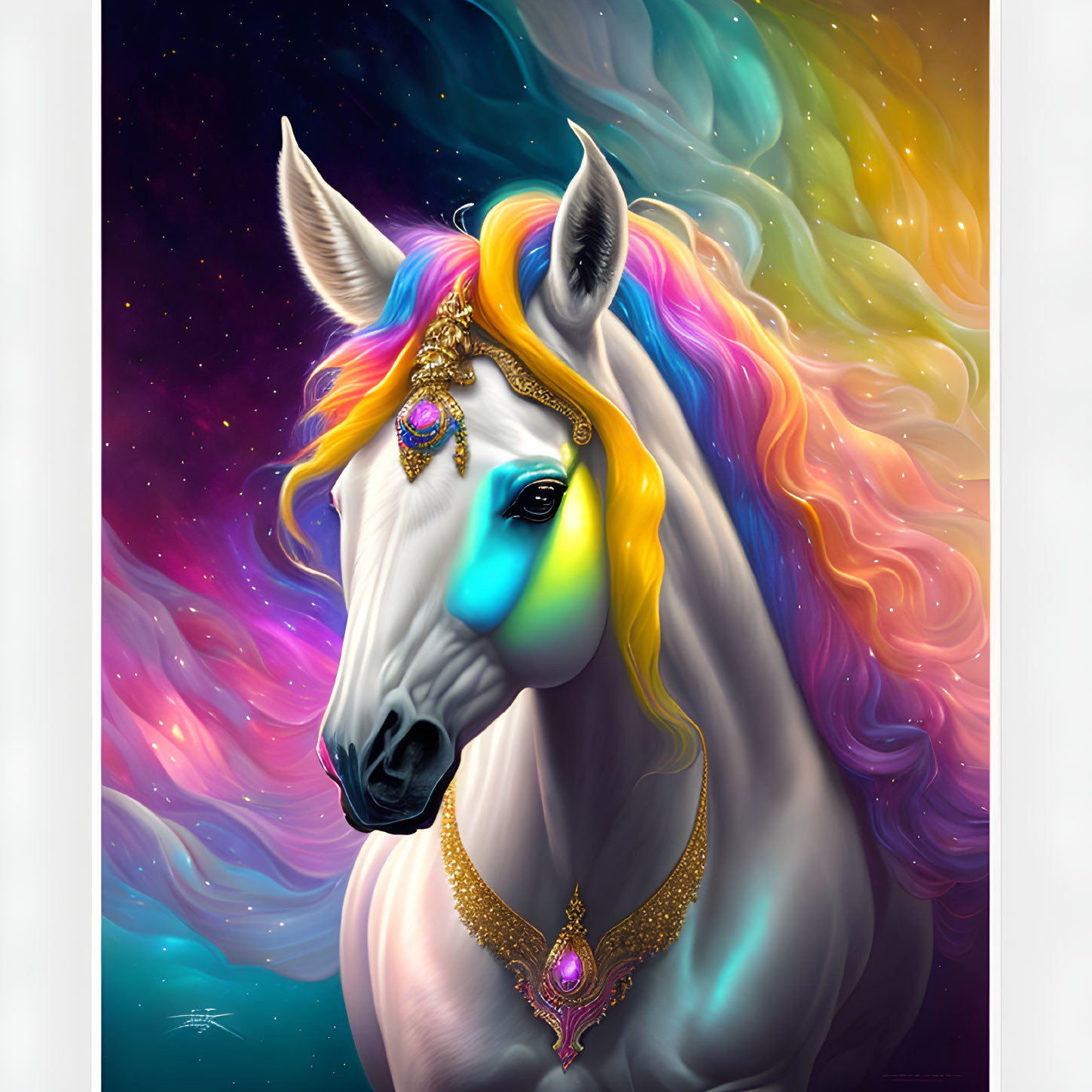 Majestic unicorn with rainbow mane in cosmic scene