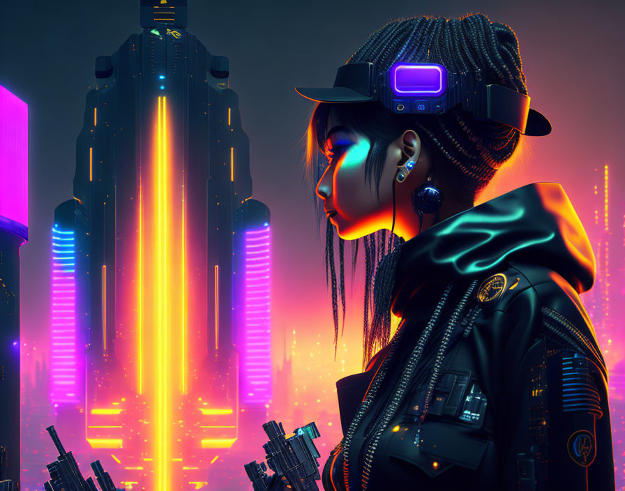 Futuristic female character with cybernetic enhancements in neon-lit cityscape