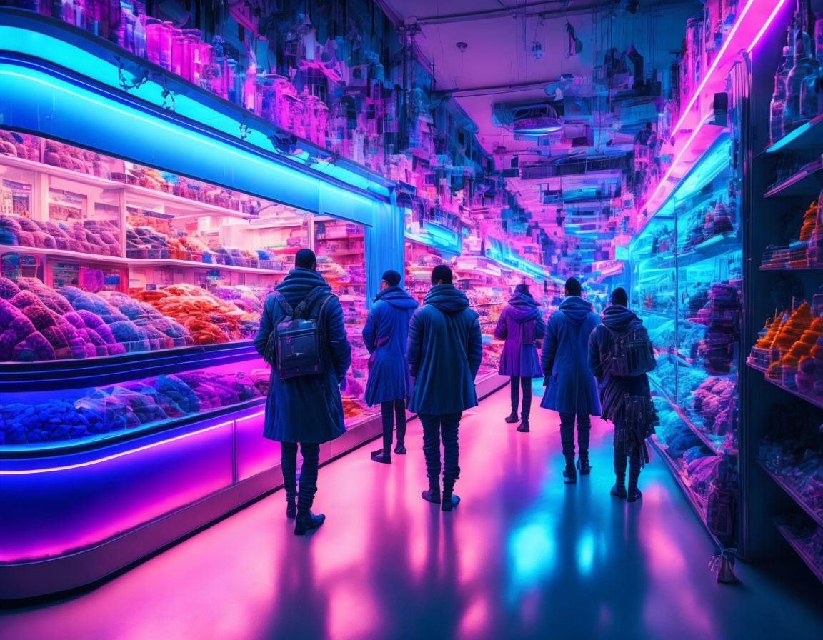 Futuristic supermarket aisle with neon lights and colorful goods