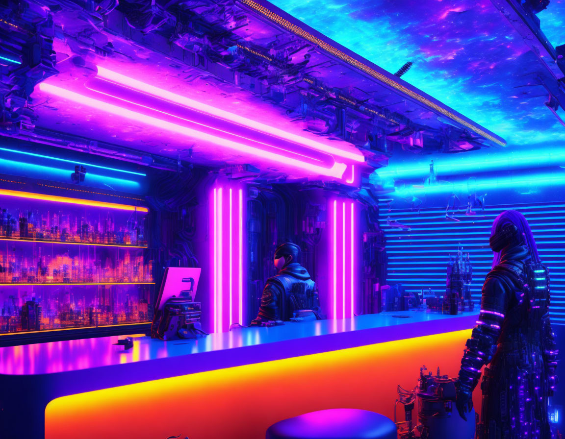 Futuristic neon-lit bar with pink and blue lights and starry ceiling.