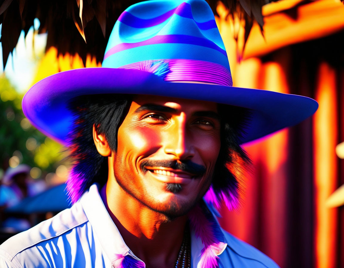 Smiling man with mustache in colorful hat and shirt against warm background
