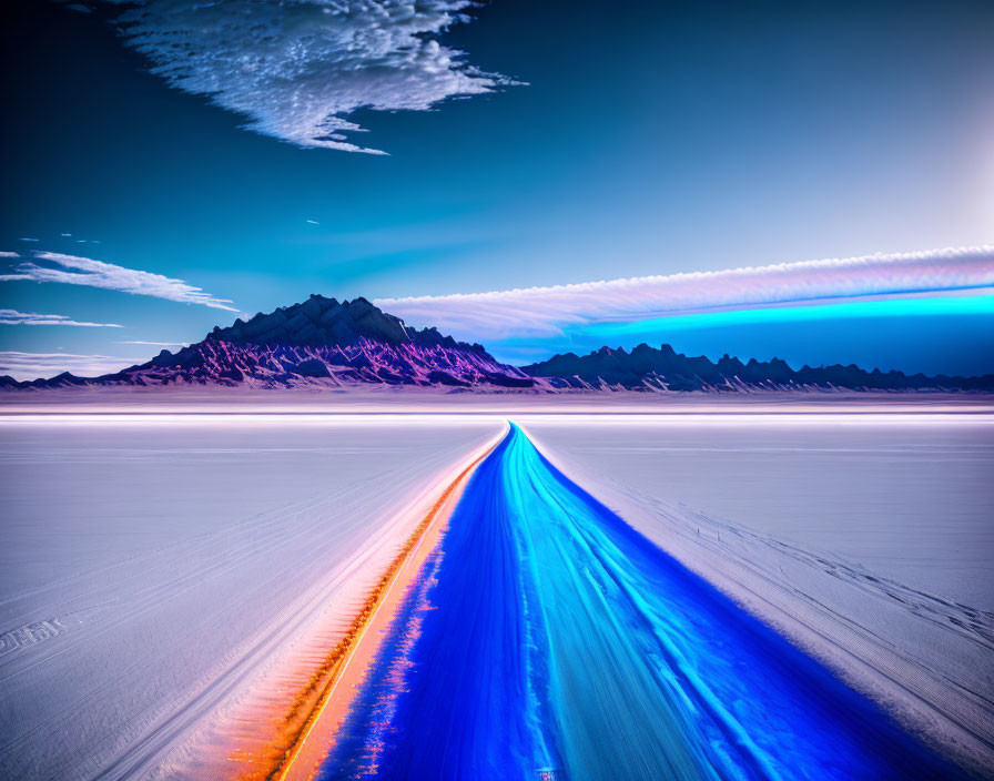 Blue Paths on Salt Flat Leading to Rugged Mountain Range Under Striking Sky